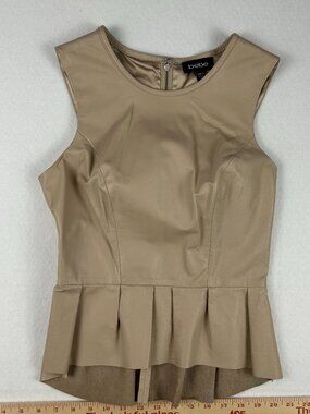 Bebe | Beige Tan Leather Peplum Tank Top Zip Back Boho, Fitted, size XXS
